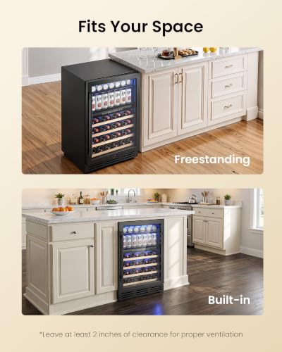 Image of 24 Inch Dual Zone Wine Fridge and Beverage Refrigerator, 63 Cans & 30 Bottles, Built-in Freestanding Under Counter Wine Cooler, UV Glass Door, Quiet Cooling, Lock, for Home Bar Office, Black
