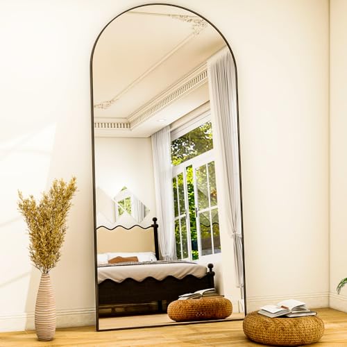 Image of Full Body Mirrors Arched Large Full Length Mirror with Stand Aluminum Wall Mounted Hanging or Leaning Standing Mirrors (Black, 34 inchx76 inch)