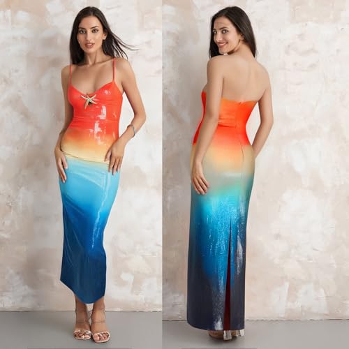 Image of Owl's-Yard Women Sexy Maxi Dress Y2K Spaghetti Strap Floral Print Low Cut Backless Slim Fit Sequins Long Cocktail Dress