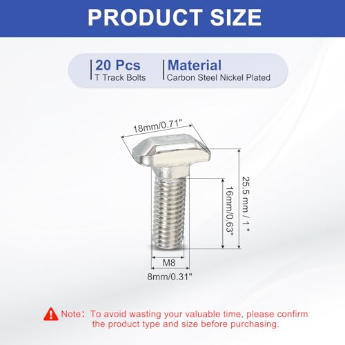 Image of PATIKIL M8 x 18 mm Thread T-Slot Bolts, 20 Pcs Drop-in Bolt Hammer Head T-Bolt Standard 8 mm Sliding Screw Stud for 40 Series Aluminum Extrusion Profile, Silver