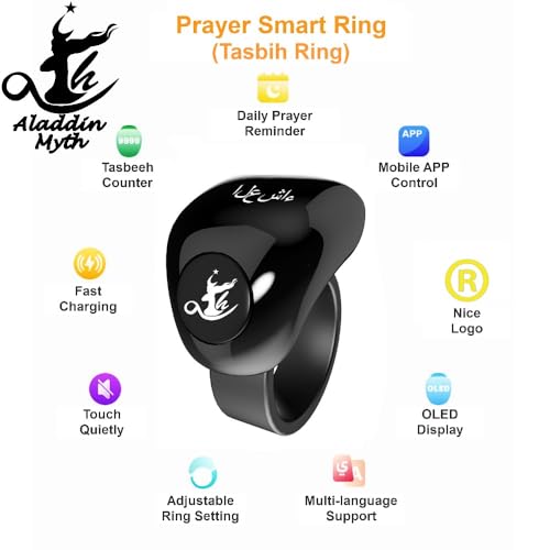 Image of Aladdin Fashion Tasbih Smart Ring, Tasbeeh Counters, Prayer Direction Indicator Guide,5 Azan Alarm Clock,Forgiveness,Electronic Rosary,Eid al-Fitr Eid al-Adha Ramadan Gift for men women, Black 18-20mm