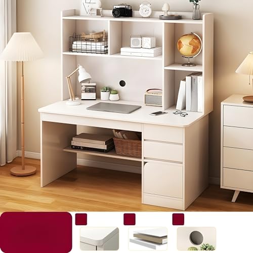 Moderno escritorio blanco Credenza de 47 pulgadas de largo x 18 pulgadas de ancho x 52 pulgadas de alto, elegante mesa de madera para oficina en casa con cajones y estantes, solución de almacenamiento