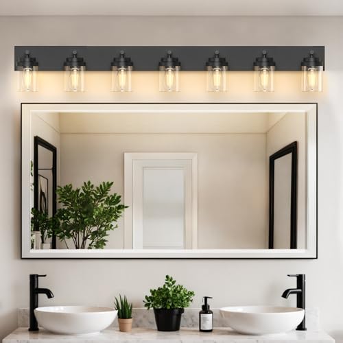Image of IZORRO Bathroom Vanity Light Fixture, 7-Light 52 inch Matte Black Bathroom Light Fixtures Over Mirror, with Clear Glass Shade, Modern Farmhouse Vanity Lights, Rustic Restroom Lighting Fixtures