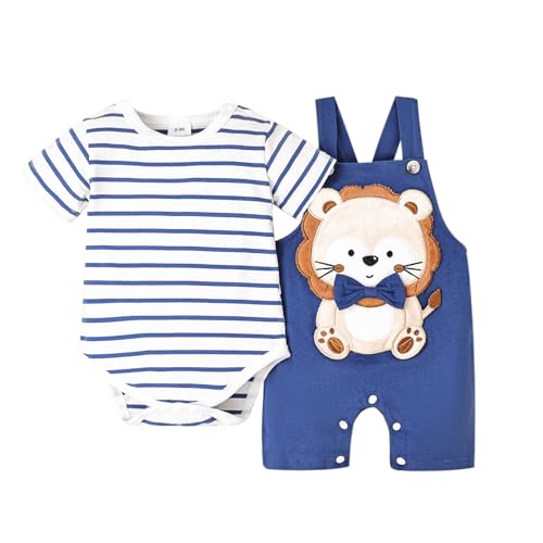 Image of Baby Boy Clothes Striped Romper Cartoon Overall Set 0-18M | Soft Breathable Cotton Romper And Animal Cartoon Overall Shorts Set Offering All-Day Comfort, Daily Wear, Machine Washable