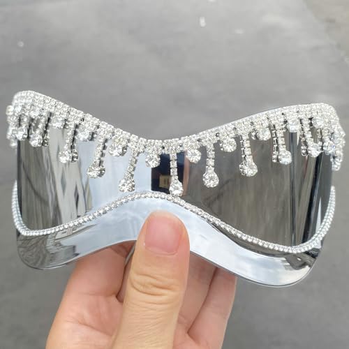 Oversized One Piece Sunglasses For Women Fashion Tassel Rhinestone Sun Glasses Large Frame Diamond Eyewear Shield Goggles3