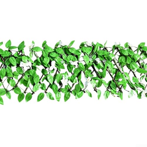 Image of Feeshoppher Retractable Solar Hedge Fence with LED Lights, 40cm Artificial Plant Screen for Garden Patio Yard Decor, Weather Resistant Fake Ivy Privacy Border (White/Purple/Pink)(White Fence)