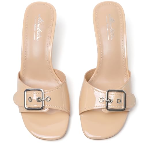 Image of Mostrin Kitten Heels for Women Summer Mules Heels Stiletto Heeled Sandals Slip On Backless Dressy Womens Sandals