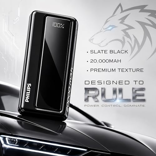 Image of Philips 20000mAh 22.5W Fast Charging Power Bank (Slate Black) with Digital LED Display | Type-C & USB-A Input /Output | 3 Output Ports | Lithium Polymer | Portable for Mobile, Tablet & Earbuds