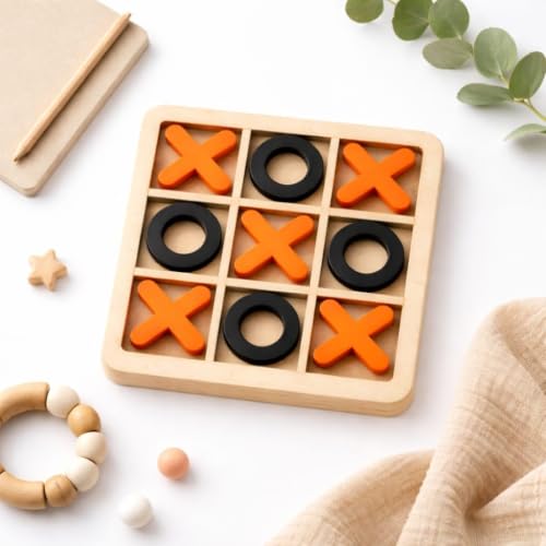 Image of Wooden Tic Tac Toe Board Game, Classic XOXO Strategy Game for Kids & Adults | Noughts and Crosses Puzzle | Classic Grid Challenge | Reusable Mind Game | Family Tabletop Entertainment, Educational Game