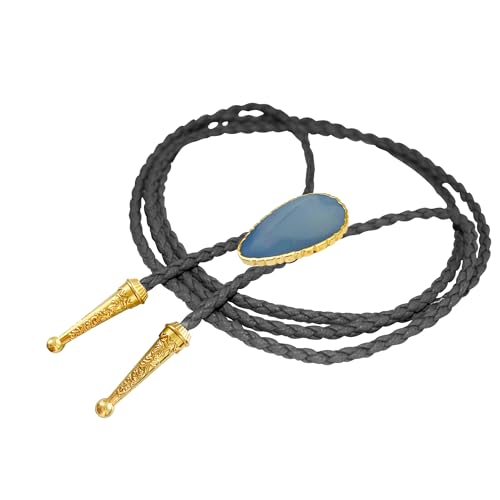 Image of Daisy Del Sol Gemstone Bolo Tie Braided Vegan Faux Leather Natural Stone Gold Handmade Necklace Adjustable Boho Western Jewelry
