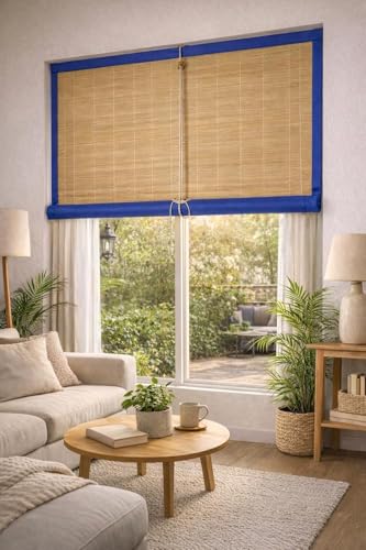 Image of BambooAura Natural Bamboo Roll-Up Window Shade Blind | Light Filtering Bamboo Chick Curtain | Eco-Friendly Sun Protection (4ft x 7ft - W x H) (Natural Beige with Dark Green Border, (5ft x7ft -W x H))