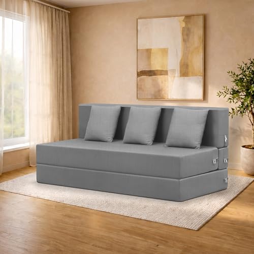 Image of Three-Seater Sofa Cum Bed Foldable Sofa Cum Bed Washable & Zipper |Jute Finish Fabric - Grey | 5' X 6' Feet