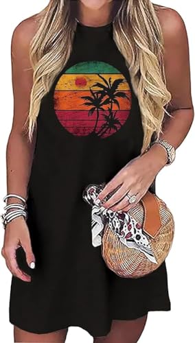 Image of Sun Salt Sand Coconut Tree Tank Mini Dress for Women Sleeveless Beach Praty Shirts Summer Vacation Short Mini Dresses