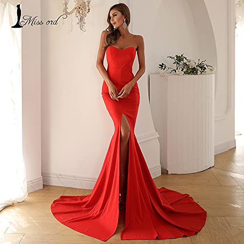 Miss Ord Women's Sexy Formal Strapless Asymmetric Slit Long Evening Prom Dress Wedding Party Maxi Gown Red #TOP3