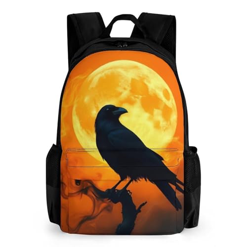Backpack, Men Women Full Moon Black Goth Gothic Crow Raven Casual Lightweight Daypack for Sports, Travel, Cute Reusable Shoulder Bag for Daily Use