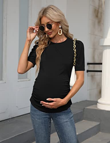 Funjuly Maternity Shirts Women's Knit Ribbed Round Neck Puff Short Sleeve T-Shirt Pregnancy Casual Side Ruched Tunic Tee Tops Black L #TOP2