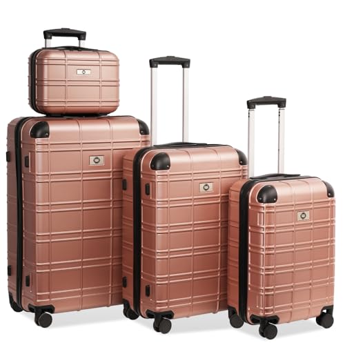 Luggage Sets ABS+PC Hardshell 4pcs Luggage Hardside Lightweight Durable Suitcase sets Spinner Wheels Suitcase with TSA Lock (12/20/24/28),Pearl Blue (Rose Gold)