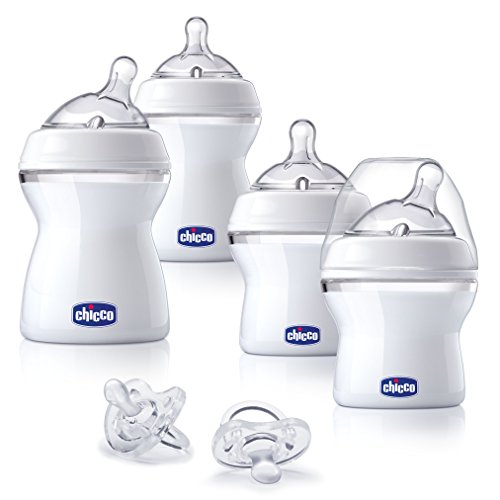 Chicco NaturalFit Baby's First Gift Set, 4 Pack Baby Bottle Set with 2 Angled Nipples & 2 Straight Slow Nipples Plus 2 Orthodontic Pacifiers