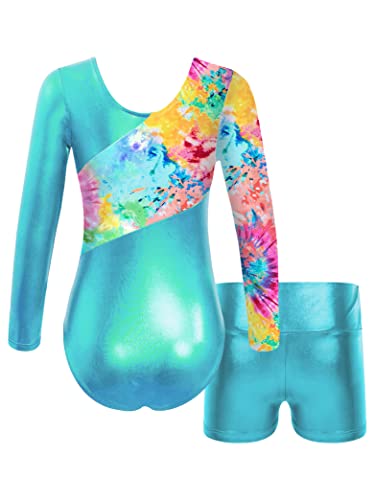 Kids Girls Long Sleeve Gymnastics Leotards with Shorts Biketard 2 Pieces Ballet Dance Outfits Tracksuit Aquamarine 6 Years2