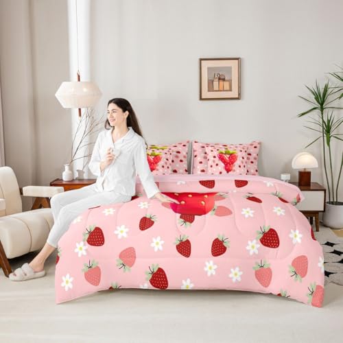 Image of Feelyou Girls Strawberry Comforter Set with Sheets 7 Piece Full Size Pink Strawberry Bedding Set for Kids Boys Girls Initial Letter Y Bed in a Bag Room Decor Soft Lightweight Microfiber