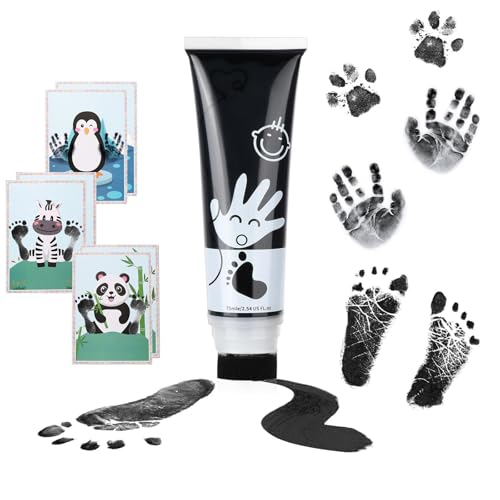 TOGOU2S Farbe Baby Fußabdruck mit Schwammkopf 75ml 6 Karten A4 Handabdruck Baby Pfotenabdruck set Hund Fingerfarben Kinder Ungiftig Babysichere Farbe Stempel Säurefreie Leicht Abwaschbar