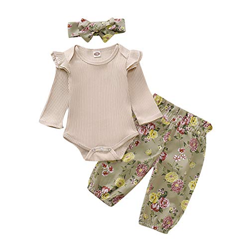 Newborn Baby Girl Clothes Infant Ruffle Sleeve Romper Onesies Floral Toddler Pants Set Cute Baby Girl Outfit 0-3 Months Apricot