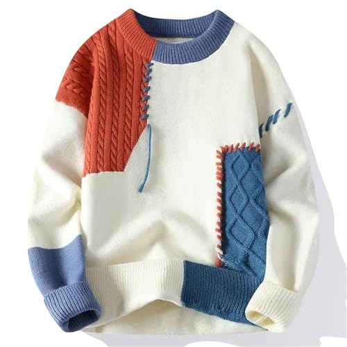 Men’S Korean Style Patchwork Pullovers Knit Sweater Round Neck Long Sleeve Slip-On Computer Knitted Jumper Tops2