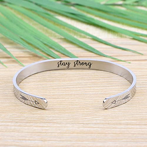 Memgift Silver Bracelets For Women Stay Strong Inspirational Motivational Encouragement Stainless Steel Cuff Bracelet For Daughter Sister Friends Cousin Coworker Classmates #TOP2