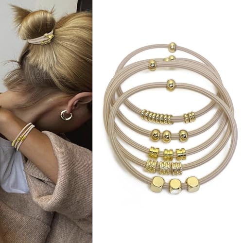 Blonde Boho Hair Ties Bracelet Cute Ponytail Holders with Gold Bead Jewelry for Women Trendy Elastic Hair Accessories for Thick Thin Curly Hair (Beige)