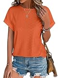 Bliwov Womens Tops Eyelet Embroidery Summer Spring Curved Hem Short Sleeve Trendy T Shirts Outfits Beach Vacation Clothes,Orange,L