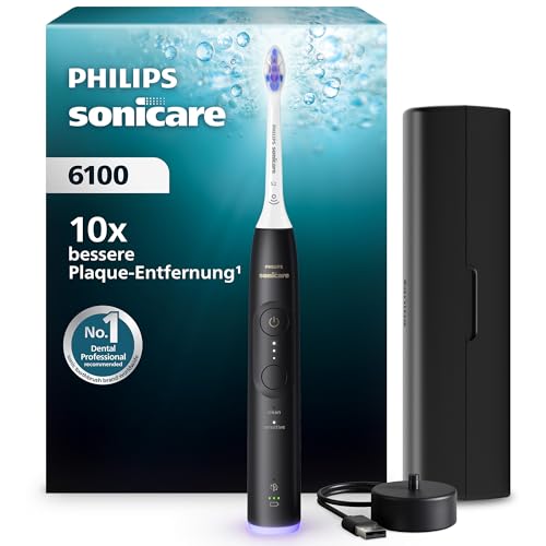 Philips Sonicare 6100 elektrische Zahnbürste, Schallzahnbürste mit 2 Putzmodi und 3 Intensitätsstufen, Andruckkontrolle, EasyStart, SmarTimer, Schwarz, Modell HX7401/07 [Neue Technologie] 1