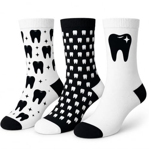 BEYCODENT Zahn Motiv Socken 3er Pack Dental Motiv Set für die Praxis Geschenkidee für Zahnärzte ZFA & Dental-Fans Baumwollsocken für Damen & Herren Größe 38-44