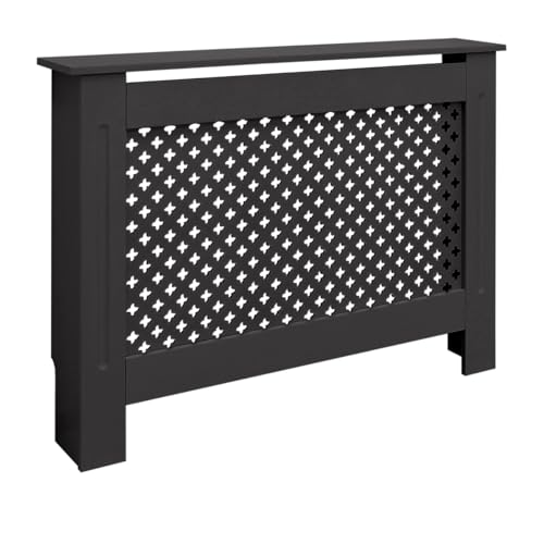 ECD Germany Cubierta del Radiador 112x19x82 cm MDF Negro Lacado Revestimiento Protector Moderno de Calefacción Patrón Panal Superficie de Estantería Útil de Madera para Sala de Estar Dormitorio