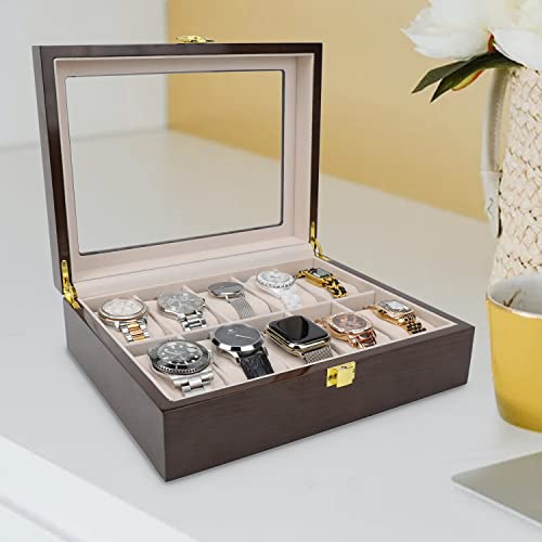 Helmdy Wooden Watch Case Display Box Organizer For Men Storage: 10 Slot Wood Watch Box Organizer Modern Case With Large Glass Lid And Removable Watch Pillow - Watch & Jewelry Holder For Men And Women #TOP6