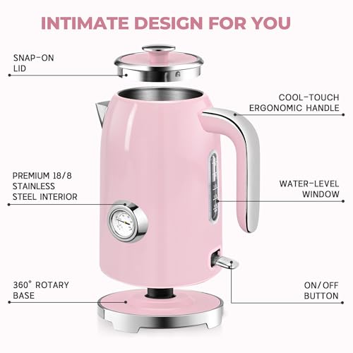 Image of SUSTEAS Electric Kettle - 57oz Hot Tea Water Boiler with Thermometer, 1500W Fast Heating Stainless Steel Pot, Cordless LED Indicator, Auto Shut-Off & Boil Dry Protection, Pink