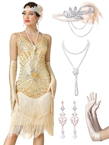 RRYIO Women's Flapper Dresses 1920s,Great Gatsby Dresses Sequin Fringe Cocktail Dress Roaring 20s Dress for Harlem (Gold Beige, M)