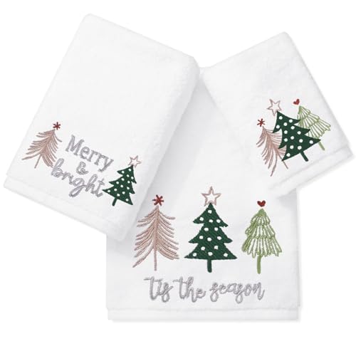 JarThenaAMCS Christmas Boho Bathroom Towels Set of 3 Xmas Pine Tree Embroidered Cotton Towels Winter Hand Towels for Kitchen Dish Drying Cleaning