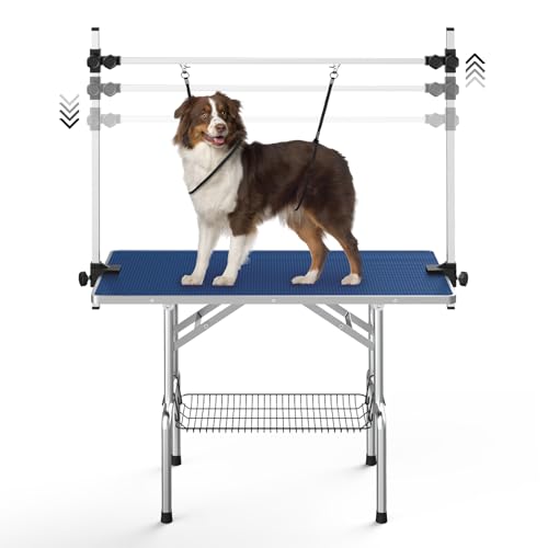 Image of Lyromix 36'' Stainless Steel Pet Dog Grooming Table, Arm /Noose /Tray, Blue