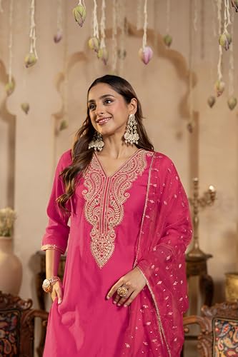 Image of INDO ERA Women's Liva Red Paisley Embroidered Sequinned Straight Kurta & Pant with Dupatta Set