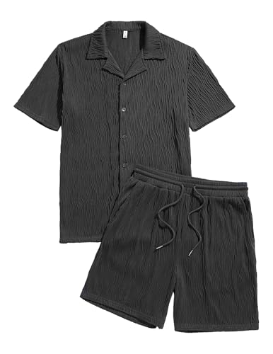 Image of ZAFUL Men's 2 Pieces Sets Outfits Summer Beach Set Short Sleeve Button Down Zip Up Shirt And Short Sets