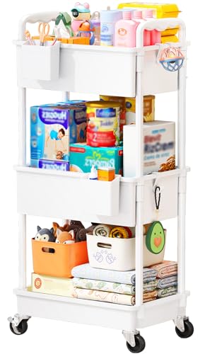 SUNALLY Baby Diaper Caddy Cart 3 Tier Rolling Diaper Cart with Lockable Wheels for Nursery Essentials Large Capacity & Easy Assemble Diaper Storage Organizer for Newborn New Mom White