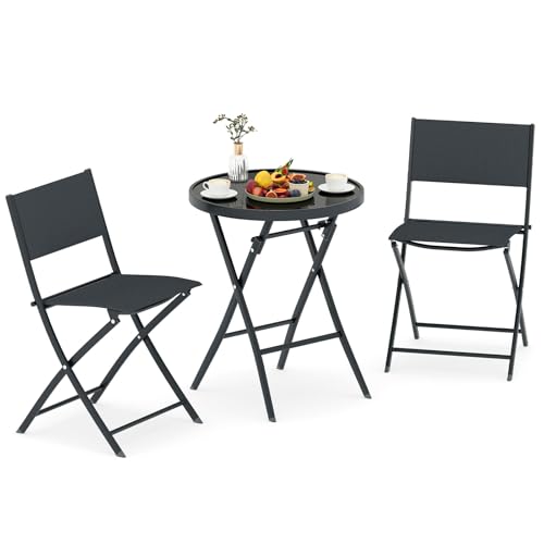 COSTWAY Ensemble Bistro Pliant 3 Pièces, Salon de Jardin avec Siège en Tissu Respirant et Plateau en Verre Trempé, Mobilier de Salle à Manger de Patio pour...