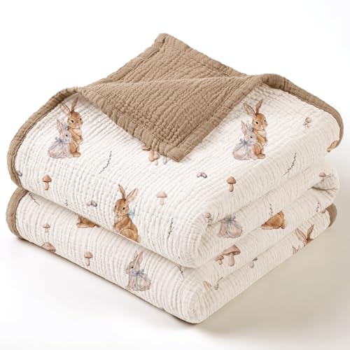 lulumoon Muslin Baby Blanket for Unisex: Cotton Baby Blanket with Bunny - Soft Breathable for Newborn Stroller & Daycare 47'x47' (Brown Bunny)
