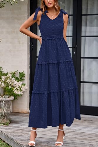 Okiwam Womens Summer Dresses 2025 Sleeveless Tie Strap Maxi Long Flowy Beach Sundresses Boho Swiss Dot Fall Wedding Dresses