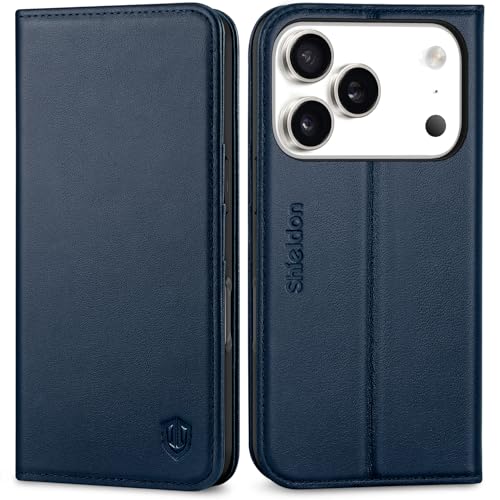 Shieldon Coque Cuir Véritable pour iPhone 17 Pro 6,3 Pouces 5G 2025, Etui Housse Portefeuille de Cartes, RFID Blocage, Fonction Support, Protection Maximale - Bleu Marine