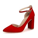 PARTY Women's Closed Toe Pumps 3-Inch Chunky Heels Pumps Ankle Strap Dress Wedding Shoes，Red Su-8