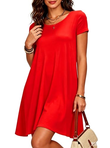 Image of Afibi Womens Short Sleeve Loose Pockets Dress Casual Swing T-Shirt Dresses