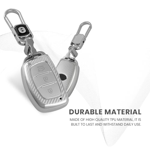 Image of keyzone Silverstar TPU Key Cover and Keychain fit for Hyundai Cars, Compatible with i20, Creta, Grand i10, Tucson, Verna, Elantra, 3-Button Smart Key (Silver)