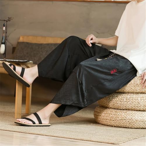 Men Japanese Samurai Shorts Loose Casual Ice Silk Pants Men Calf-Lenght Pants Wide Leg Trousers2