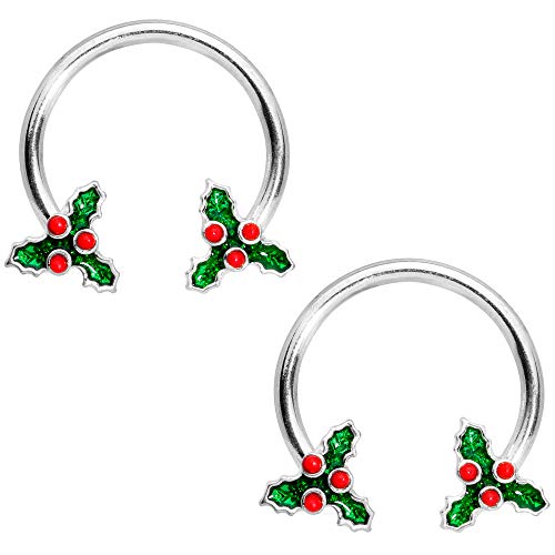 Body Candy 2Pc 14G Nipplerings Piercing Women Steel Holly Berry Horseshoe Nipple Ring Set 9/16â€